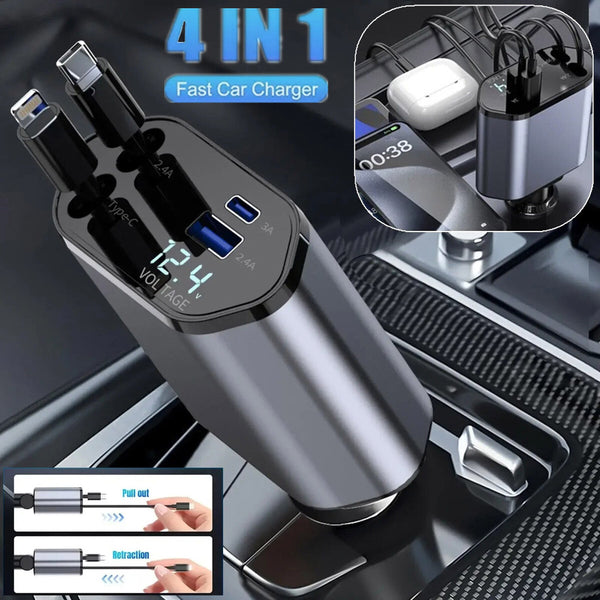 4-in-1 Retractable Car Charger with USB-C & Lightning Cables